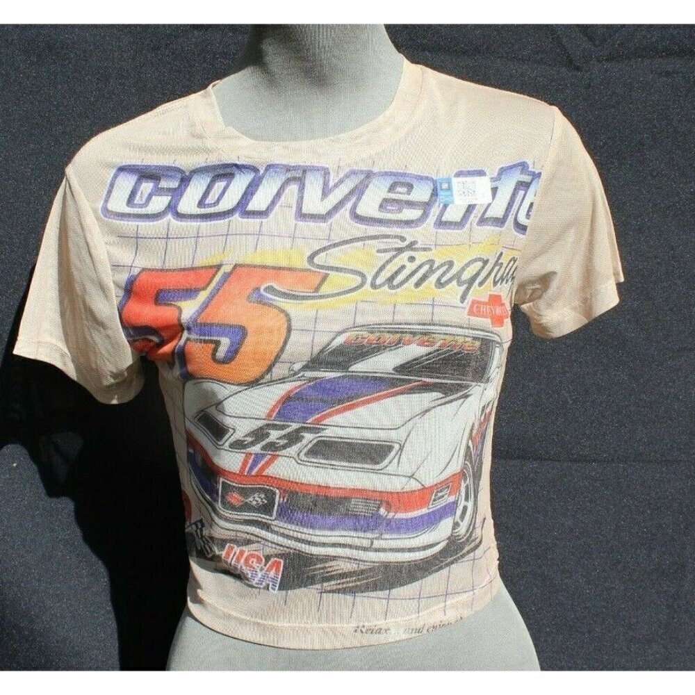 New Women's GM Corvette Stingray Chevy Mesh Crop Top Emo Girl Indie Core Shirt